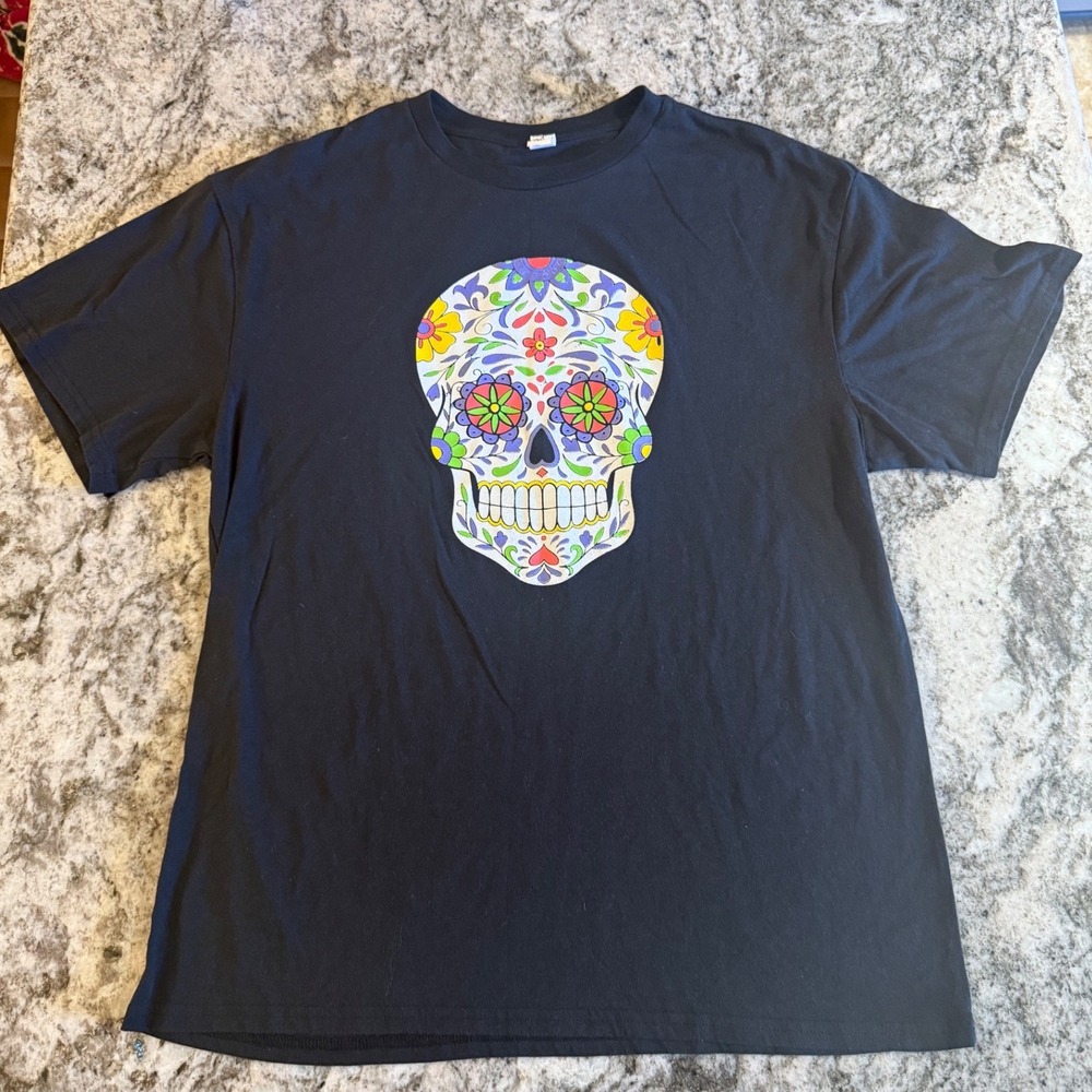 Black Graphic Skull T Shirt Day of‎ the Dead Sugar Skull Print XL